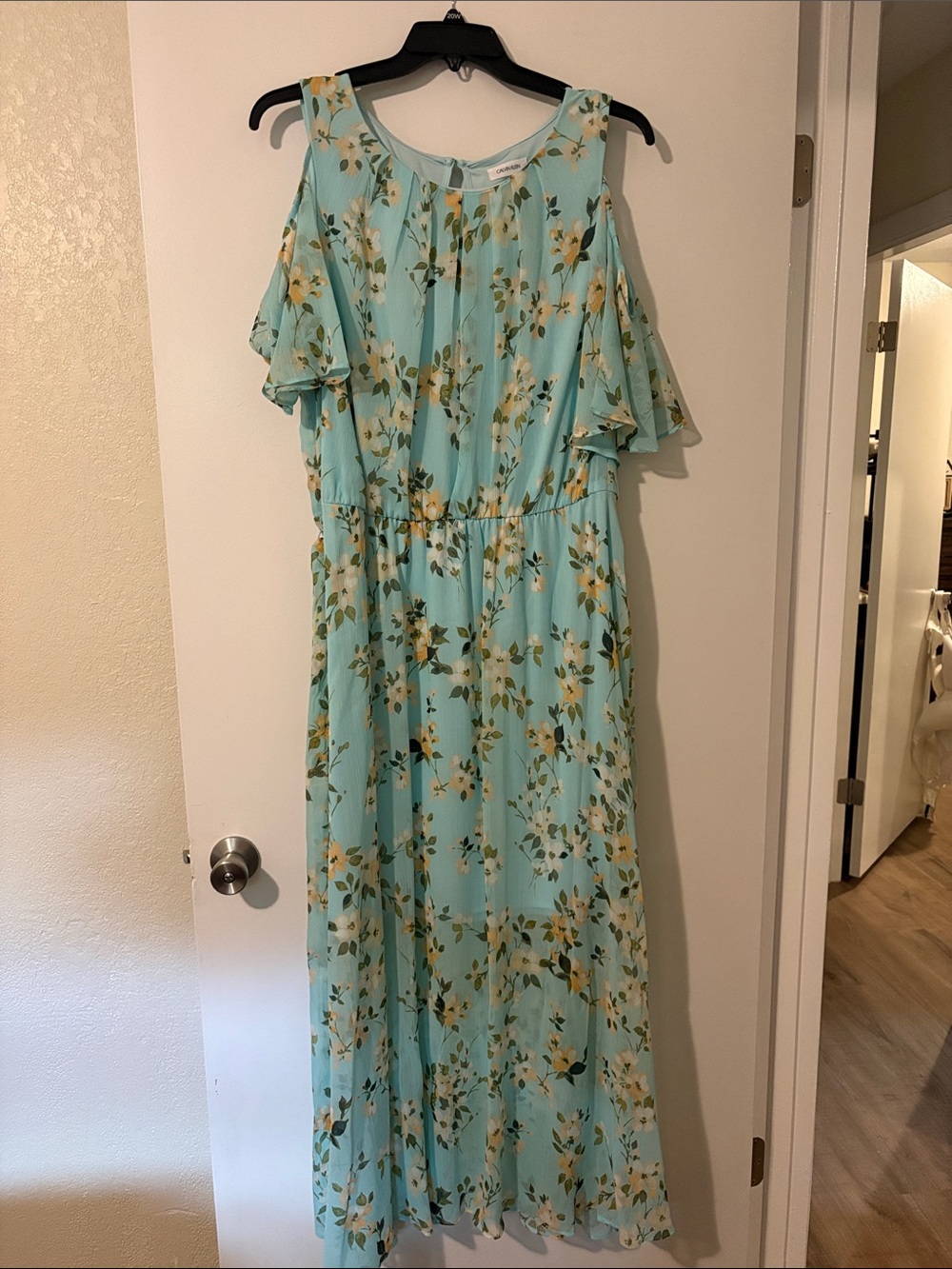 Calvin Klein Aqua Floral Cold-Shoulder Maxi Dress